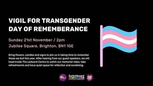 Clare Project, Switchboard and TransPride Brighton to host Trans Day of Remembrance Vigil on November 21