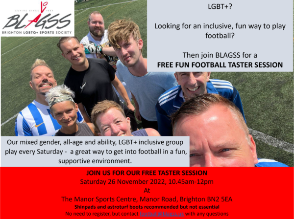 Brighton LGBTQ+ Sports Society to run free football taster session on Saturday, November 26