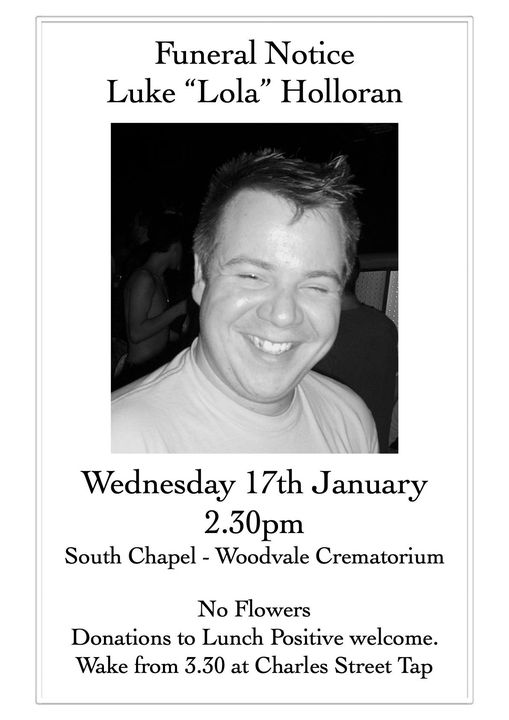 Funeral of Luke ‘Lola’ Holloran to be held at Woodvale Crematorium (South Chapel) on Wednesday, January 17