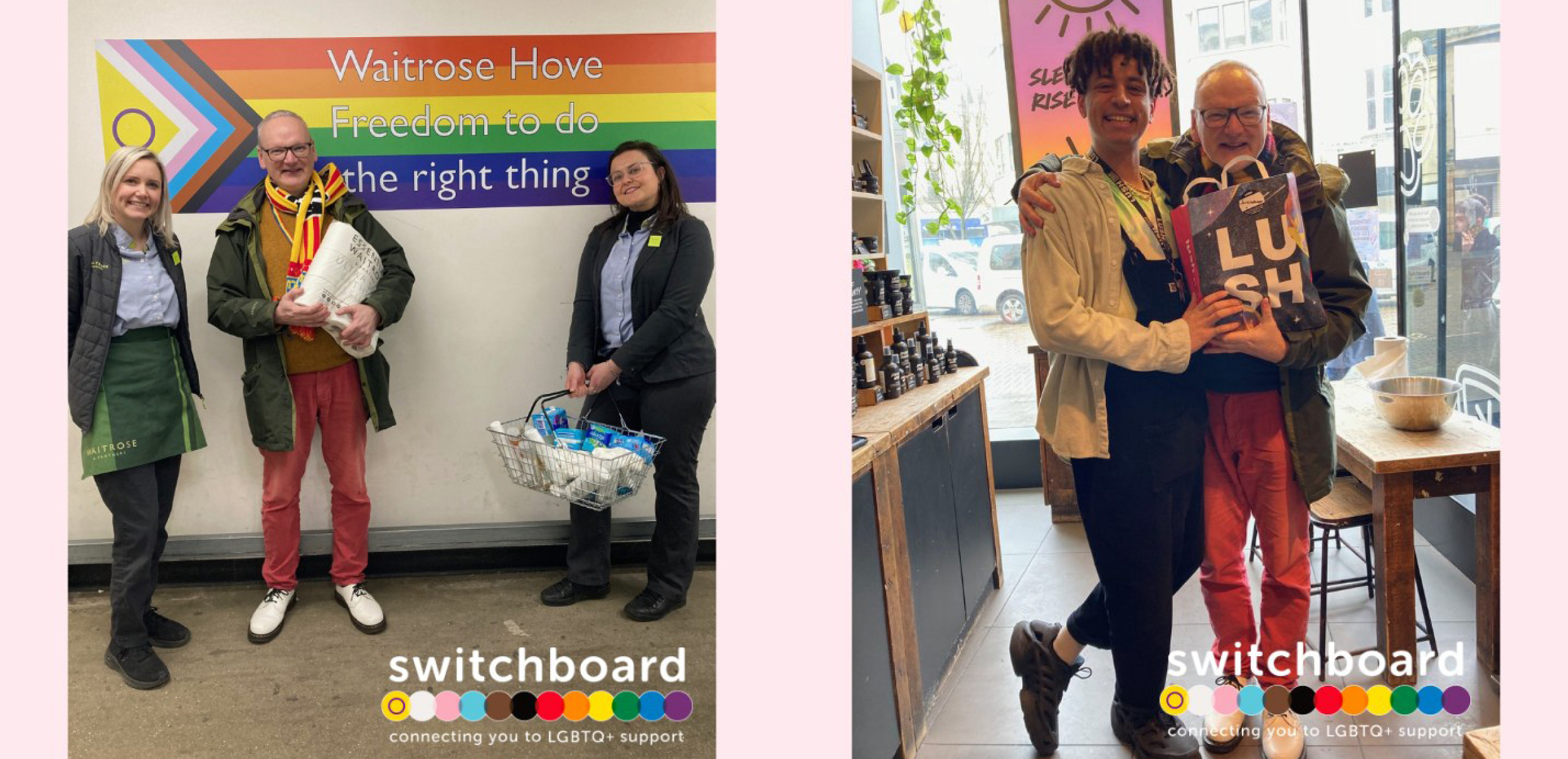 Brighton & Hove LGBT Switchboard sends thanks to Waitrose Hove and Lush Brighton for donating items to the charity’s free care packages
